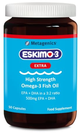 Eskimo-3 Extra High Strength Omega 3, Pure 500mg EPA & DHA - 50 Capsules | Provides 500mg of essential fatty acids EPA & DHA for Heart, Brain & Vision health