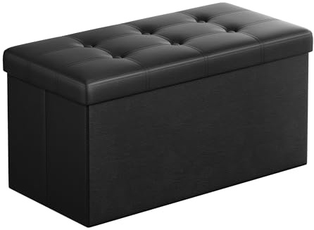 SONGMICS MAZIE Collection - 30 Inches Folding Storage Ottoman Bench, Ottoman with Storage, Foot Rest Stool, Load 660 lb, for Living Room, Synthetic Leather, Black ULSF105