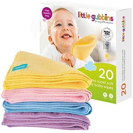 Little Gubbins 20 Reusable Baby Wipes + Free Laundry Bag | Soft 20x20cm Washable Cloths for Faces, Hands, Feeding & Cleaning | Weaning Essential | Perfect Newborn Gift