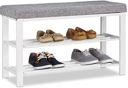 Relaxdays 10023307-111 Panca scarpiera Imbottita in Tessuto, Comoda, 2 Ripiani per Scarpe, Metallo, HxLxP: 50x81x32 cm, Grigio, metallo;legno mdf;tessuto