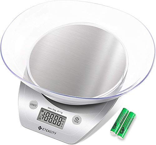 Etekcity Balance de Cuisine Electronique de Haute Précision en Acier Inoxydable, Multi-Fonction, 5kg/11lb, Bol Amovible, Mesure de Liquide (argenté)