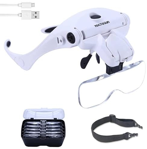 YOCTOSUN LED Head Magnifier, Rechargeable Hands Free Headband Magnifying Glass with 2 Led Professional Jeweler's Loupe Light Bracket and Headband are Interchangeable