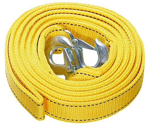 Carkio Sangle de remorquage Robuste avec Crochets de sécurité, 4,3 cm x 5 m, Corde de remorquage en Polyester, Corde de Traction, Jaune