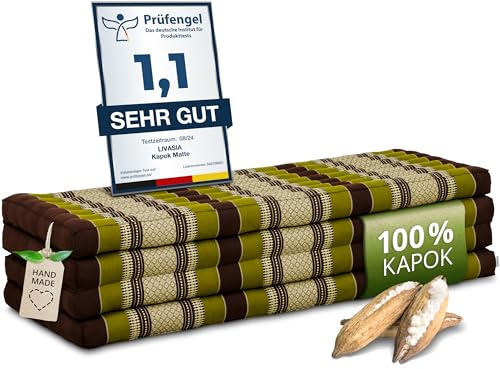 livasia Nachhaltige Klappmatratze Kapok XXL - 200x140x8cm - extrabreite Gästematratze, Faltbare Matratze doppel, ökologische Yogamatte, Gästebett klappbar, Liege Garten Balkon (Braun/Grün)