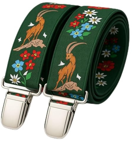 EDERER Hosenträger Herren – Steinbock Alpen Edelweißmuster – 3,5 cm breit, verstellbar 65–125 cm - X-Form – robuste Clips & hoher Komfort – ideal für Outdoor, Arbeit & als stilvolles Geschenk ST-003