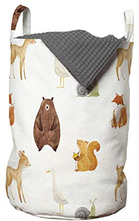 ABAKUHAUS Tiere Wäschesack, Baby-Tiere Aquarelle, Wäschekorb mit Griffen Kordelzugverschluss für Waschsalons, 33 cm breit x 49 cm hoch, Mehrfarbig Braun