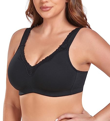 Ayigedu UK Women's Plus Size Bra Full Coverage Non-Wired Non-Padded Minimizer Cotton Bra 40-DD Black