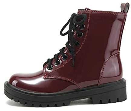 Soda FIRM - Lug Sole Combat Ankle Bootie Lace up w/Side Zipper (Burgundy Patent, numeric_6_point_5)