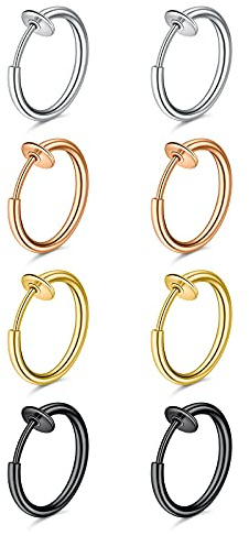 Crdifu 8 Piezas Piercing Falso Nariz Oreja Labio Septum 16G 10mm Aro Sin Agujero con Resorte Joyería Corporal de Acero Inoxidable para Mujer Hombre