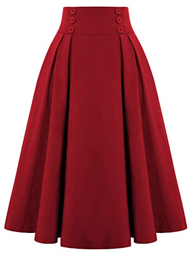 Minetom Jupe Plaid Longue Plissée Femme Vintage A-Ligne Taille Haute Midi Jupes Swing Jupe Évasée Printemps Automne B2 Rouge S