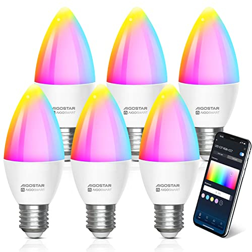 Aigostar Alexa Glühbirne E27 SL2 Smart Lampe 6.5W WLAN Lampe LED RGBCW 2700-6500K Dimmbare, Mit Musik synchronisieren, App Steuern Kompatibel mit Alexa/Google Home, Kein Hub notwendig, 6 Stücke.