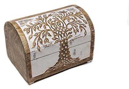 Kunstversteck - Schatztruhe robuste Schatzkiste Holz „Baum des Lebens Design 2“, 28 x 20 x 19 cm, massives Mangoholz, white wash, in Handarbeit gefertigt