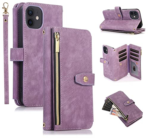 UEEBAI Hülle für iPhone 11, Leder Klapphülle, Retro Lila | 9 Kartenfäche Lederhülle mit Umhängegurt Handschlaufe Ständer Reißverschluss Handyhülle Magnetverschluss Wallet Flip Case