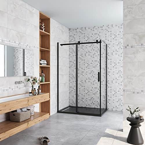 AICA cabine de douche coulissante 120x80x200cm porte de douche + paroi latérale Hauteur 200cm En 8mm verre anticalcaire profilé noir mat