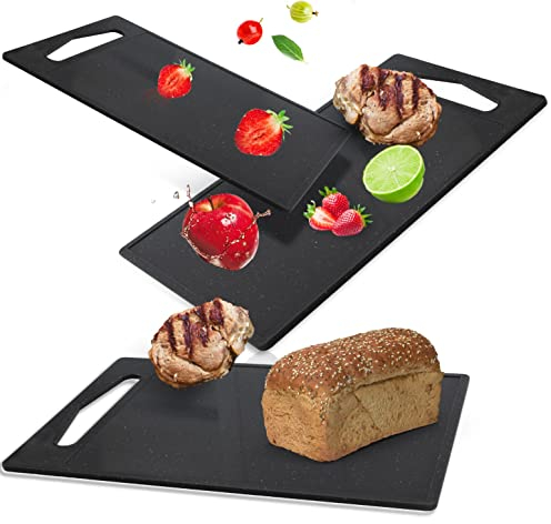Classbach 3er Schneidebrett-Set Kunststoff, Spülmaschinen geeignet, Küchenschneidebrett mit Saftrinne BPA frei aus Kunststoff, Schneidebrettchen, lebensmittelecht, schwarz, C-SB 4012 K