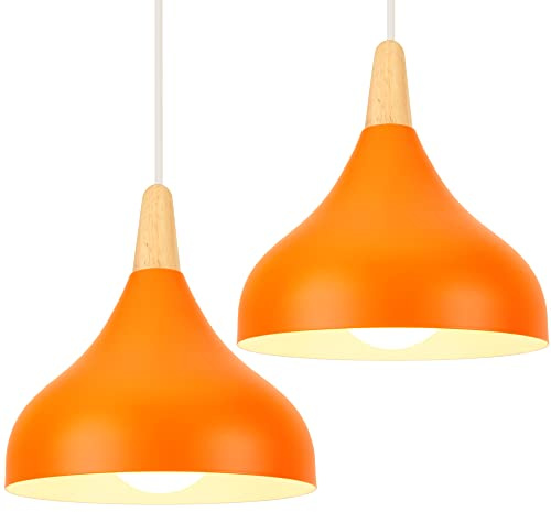 iDEGU 2 Stücke 20cm Hängelampe Retro E27 Hängeleuchte Moderne Tropfenförmig Hut Deckenleuchte aus Metall Holz Pendelleuchte für Schlafzimmer Esszimmer Küche (Orange)