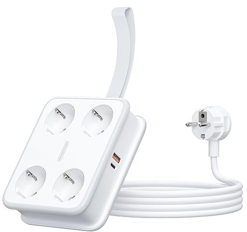 Multiprise 4 Prises USB C 45W NTONPOWER GaN 2500W Montage Mural Prise de Distribution 1,6 mètre 10A avec Interrupteur pour travaux de déplacement, Blanc