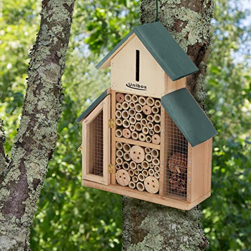Unibos | Insect Hotel | Natural Wood Insect House | Eco-Friendly Bug House Nesting Habitat for Bees Butterflies Insects in Garden | Weather Resistant | Weather Resistant Hanging Bee Home (Green Hotel)