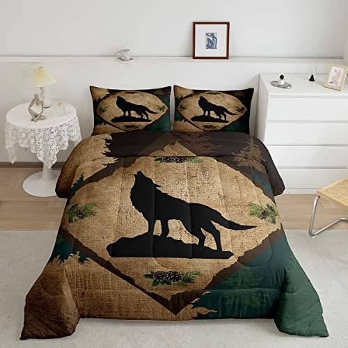 Wolf-Silhouette-Bettwäsche-Set, Wildtiere, Outdoor-Kieferbäume, Dekor, Schmusetuch für Kinder, Teenager, Erwachsene, Vintage-Karo, rustikaler Dschungel-Stil, Bettwäsche-Set mit 2 Kissenbezügen + 1