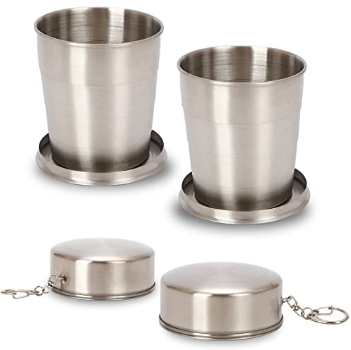 2 Stück Edelstahl Faltbecher Outdoor Reisenklappbecher Leicht 250ml Einziehbarer Zusammenklappbarer Becher Tragbare Teleskopbecher Wiederverwendbar Klappbecher mit Schlüsselkette für Camping Wandern