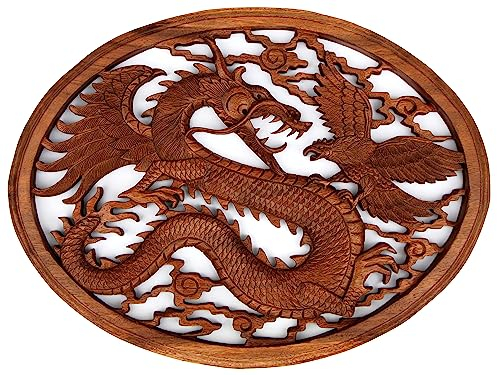 Wogeka - Super schönes ovales 50 cm Drache-Adler-Relief - Handarbeit aus Holz geschnitzt als besondere Geschenk-Idee für Asia Fans zu Geburtstag, Weihnachten zur Wand-Deko Dragon Feng Shui Rel44
