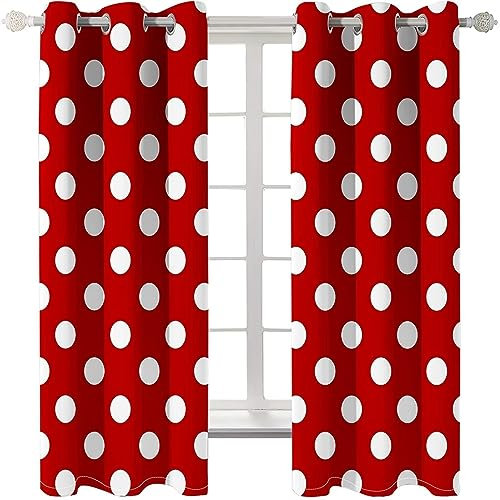 Homxi Küchengardinen Modern Blickdicht 2er Set,2 x 132W x 138H cm,Gardinen Küche Blickdicht Rot Weiß Tupfenmuster Vorhang mit Ösen