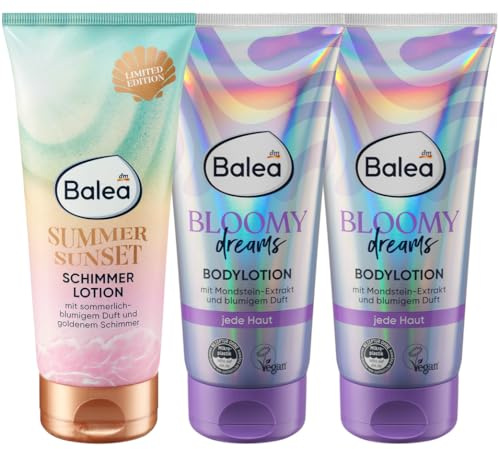 Balea 3er-Set Hautpflege: Schimmerlotion Summer Sunset Glitzer-Körperlotion mit Gold-Schimmer (200 ml) + Bodylotion Bloomy Dreams spendet intensive Feuchtigkeit mit blumigem Duft (2 × 200 ml), 600 ml
