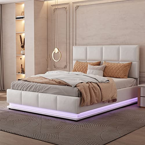 Azkoeesy Polsterbett 140 x 200 cm mit LED-Beleuchtung, Doppelbett Jugendbett mit Stauraum und Bettkasten, mit Lattenrost und Kopfteil, Kunstleder-bezug, Moderner Schlafzimmermöbel, Weiß
