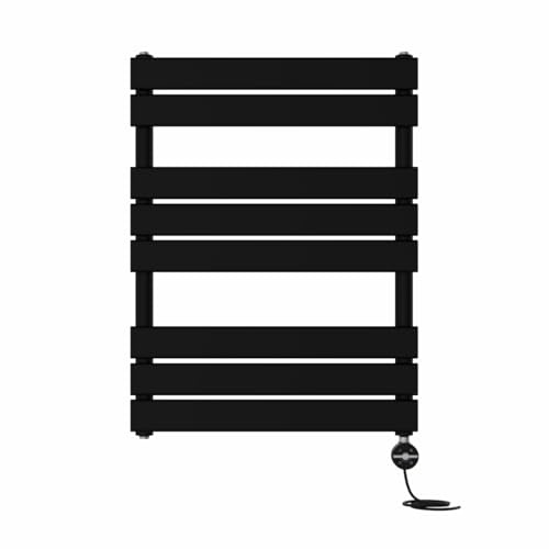 NRG Black 800x600mm Prefilled Flat Panel Towel Rail, 400W Touch LCD | Central Heating Wall Mounted Radiator, Prefilled Glycol, IPX4, BS EN442, Fixing Pack, No WiFi, No Valves