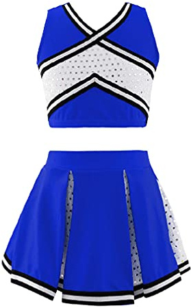 MSemis Cheer leader Kostüm Kinder Mädchen Cheerleading Uniform Cheerleadingkleid/Ärmellos Crop Top mit Minirock Halloween Tanzkostüm K Königsblau 152