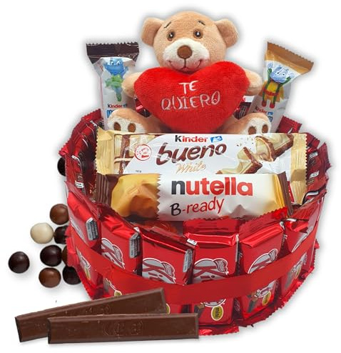 IAMI Tarta de Chocolatinas 20 cm con Osito de Peluche | Regalo Original | Montada y lista para entregar | Tarjeta con mensaje personalizado | 26 huevos de chocolate rellenos