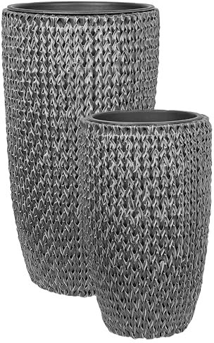Beliani Lot de 2 Pots de Fleurs en Polyrotin Noir et Acier Intérieur et Extérieur Trou de Drainage Cedrus