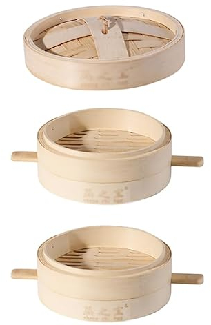 ANSNOW Vaporera de Bambú, Cestas de 2 Nicon Tapa - Vaporera de Comida China, con Asas de Bambú - Cocina Saludable de Bambú para Albóndigas, Arroz, Dim Sum, Verduras, Carne Y Pescado.Hecho a Mano/2 C