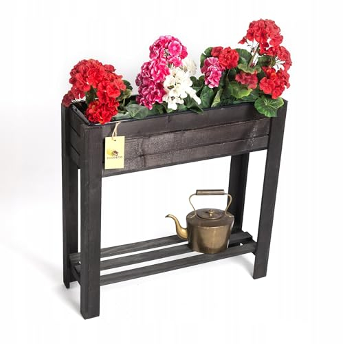 ECODECO Hochbeet aus Holz | Blumenkasten Balkon Terrasse | Hochbeete für Garten Pflanzkasten Frühbeet mit Regal Ablage 61 x 20 x 61 cm | Schwarz