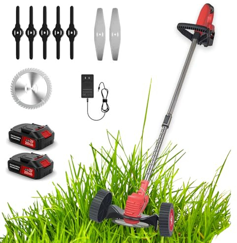 Sladdlös Weed Wacker på hjul, elektriskt Weed Wacker Eater-batteri som drivs med 3 typer blad och 2st batteri, bärbar röjskärstrimmer för trädgården
