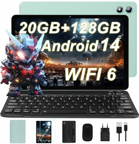 Newest Tablette Tactile 10 Pouces, Android 14 Tablette, 20GB RAM 128GB ROM (1TB TF), 6000mAh, Octa-Core, WiFi 6 5G+2.4G, Widevine L1, BT 5.0, 5MP+8MP, Tablettes avec Clavier Souris - Ruisseau vert