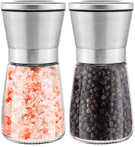 Salz und Pfeffermühle 2er Set, Edelstahl Gewürzmühle für Gewürze, Pfeffer und Salzmühle, Keramischer Mühle, Salzmühle für Grobes Salz, Gewürze, Pfeffer und Chilli