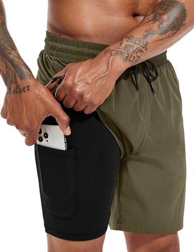 Atforna badbyxor herr långa 2 i 1 badshorts med kompression snabbtorkande ventilerande badshorts med dragkedja justerbar dragsko, Grön, L