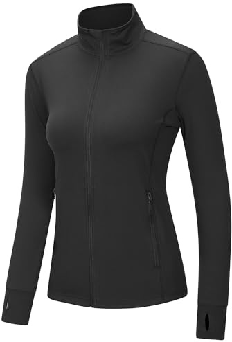 Outdoor Ventures Womens Running Jacket Long Sleeve Sports Jacket Lightweight Breathable Quick Dry Sweatshirt for Fitness Training Cycling with Zip Side Pocket and Thumb Holes Black M