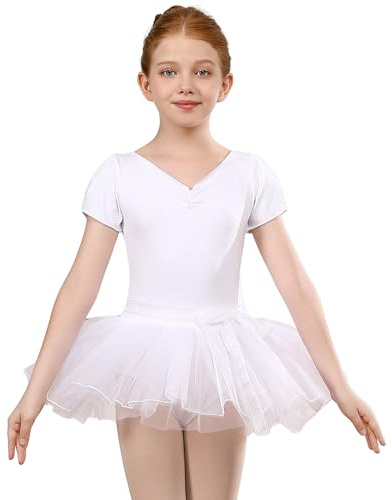 HIPPOSEUS Flickor Tutu balettklänning för dans body gymnastik leotard balettklänningar för flickor kortärmad, Vit, 6-8anni(altezza 120-130cm)