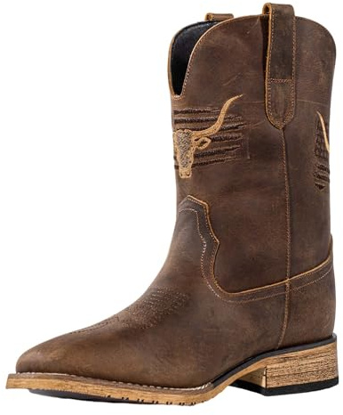 MacePhenoMelon Cowboystiefel für Herren, quadratischer Zehenbereich, Westernstiefel, vegan/echtes Leder mit klassischem Patriot-Stiefel, rutschfest, Landhausstiefel, dicker Absatz, langlebig, kurze