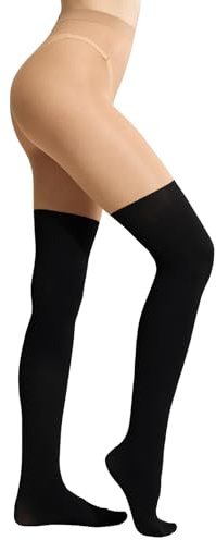 MANZI Overknee Strumpfhosen Damen Blickdichte Schwarz Overknee Strümpfe Optik Strick Oberschenkel Hohe Socken 20/80 Denier 1 Paar Schwarz/Natur M-L
