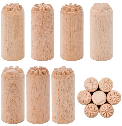 VGECEE 7PCS Tampon Poterie 5x2 cm Outils de Poteries en Bois Tampon Motif Fleur, Coeur, Pattes et Feuilles, Timbre de Poterie Timbres en Bois Naturel pour Argile Artisanat Décor Scrapbooking Biscuit