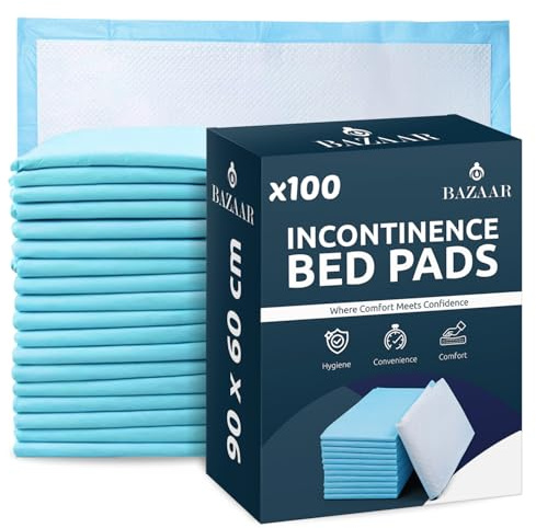 Bazaar 100 x Disposable Incontinence Bed Pads 90 x 60cm – Highly Absorbent Waterproof Bed Sheets for Adults, Elderly, Children & Babies – Bed Wetting Sheets & Bed Protectors for Mattress, Sofa & Chair