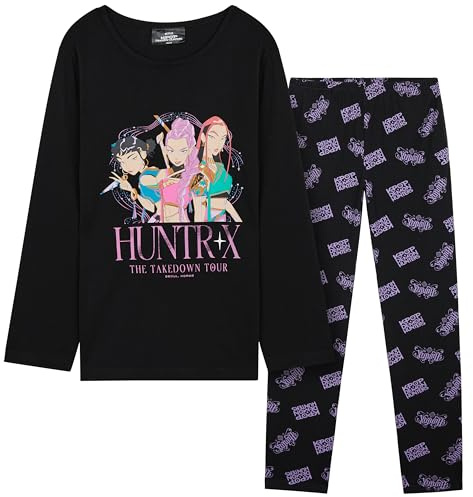KPop Demon Hunters Oficial Huntrix Pijama Manga Larga Niña Chica, 5-14 Años, Guerreras KPOP Regalos (7-8 Años, Negro Huntrix AOP)