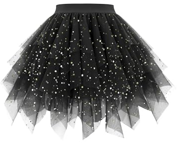 Girstunm Mini Tüllrock Damen Hoch Taille Unregelmäßiger tüllrock Karneval Kostüm Unterrock Schwarz Pailletten Large