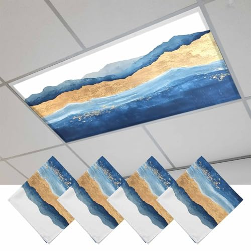 Fluorescent Light Covers, Blue Golden Magnetic Light Covers for Ceiling Lights, Luxury Waves Oil Painting Fluorescent Ceiling Shade Filters for Classroom Bedroom Office 4x2Ft x 4PCS