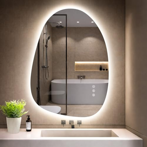 GIMBELEN Badezimmer Spiegel mit Beleuchtung 83 × 60 cm, 3 Lichtfarben, Dimmbar, Antibeschlag, Asymmetrischer Spiegel mit Beleuchtung, Touch-Schalter, Memory-Funktion Horizontal/Vertikal