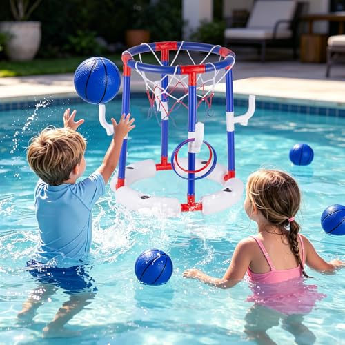 Pool Basketball Hoop for Kids 4-8 & 8-12 Years Old, 2-in-1 Floating & Above Ground Water Game with 4 Balls & 6 Rings, Inflatable Swimming Pool Toys for Toddlers Adult Summer Swimming Floaties Party