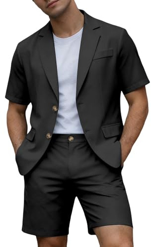 RAOKENSU Tenue d'été pour homme - Couleur unie - Fin - Manches courtes - Revers - Veste et short confortable - 2 pièces - Blazer sportif décontracté - Jambes droites - Pantalon court